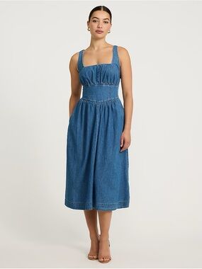 Express Chambray Smocked Waist Midi Dress in Blue